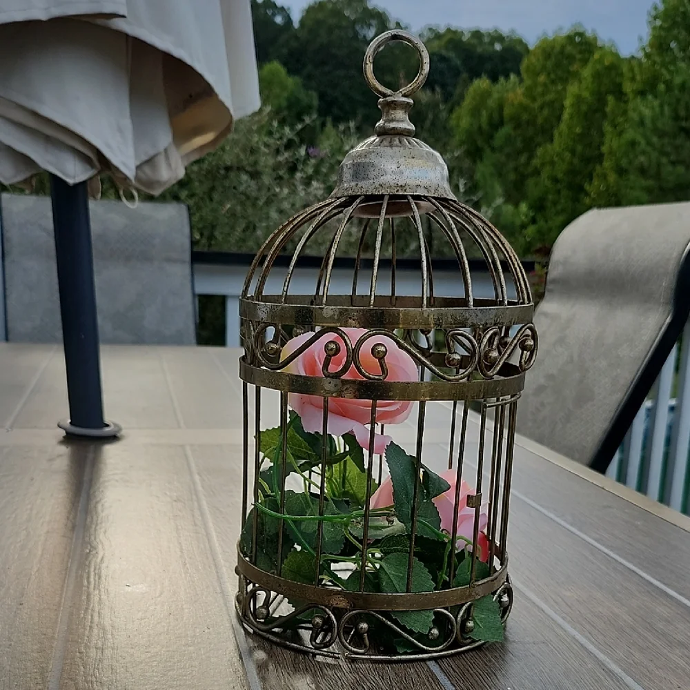 Vintage Gold Birdcage with Pink Roses